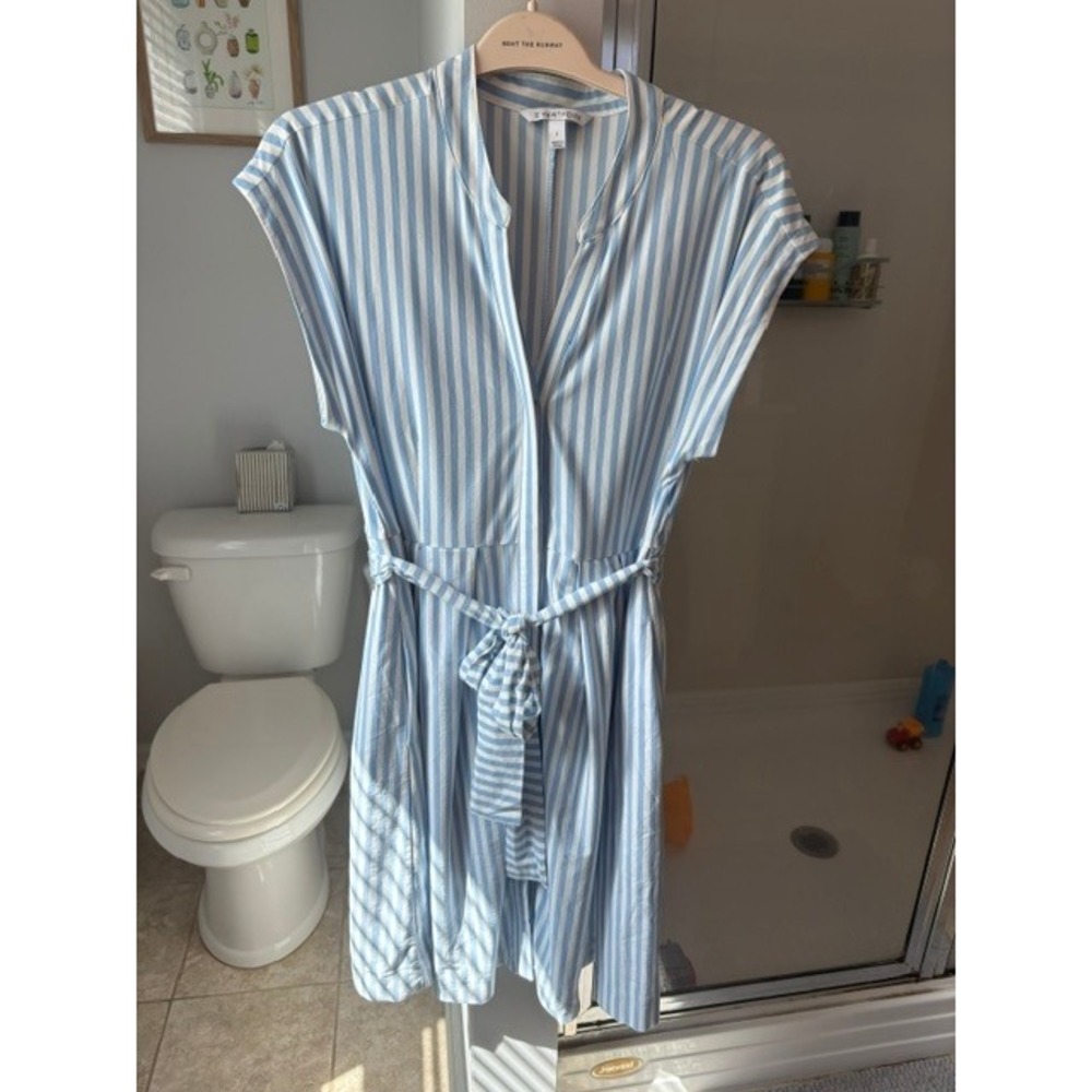 41 Hawthorn Women's L Blue White Striped Belted Fit Flare Dress Cotton